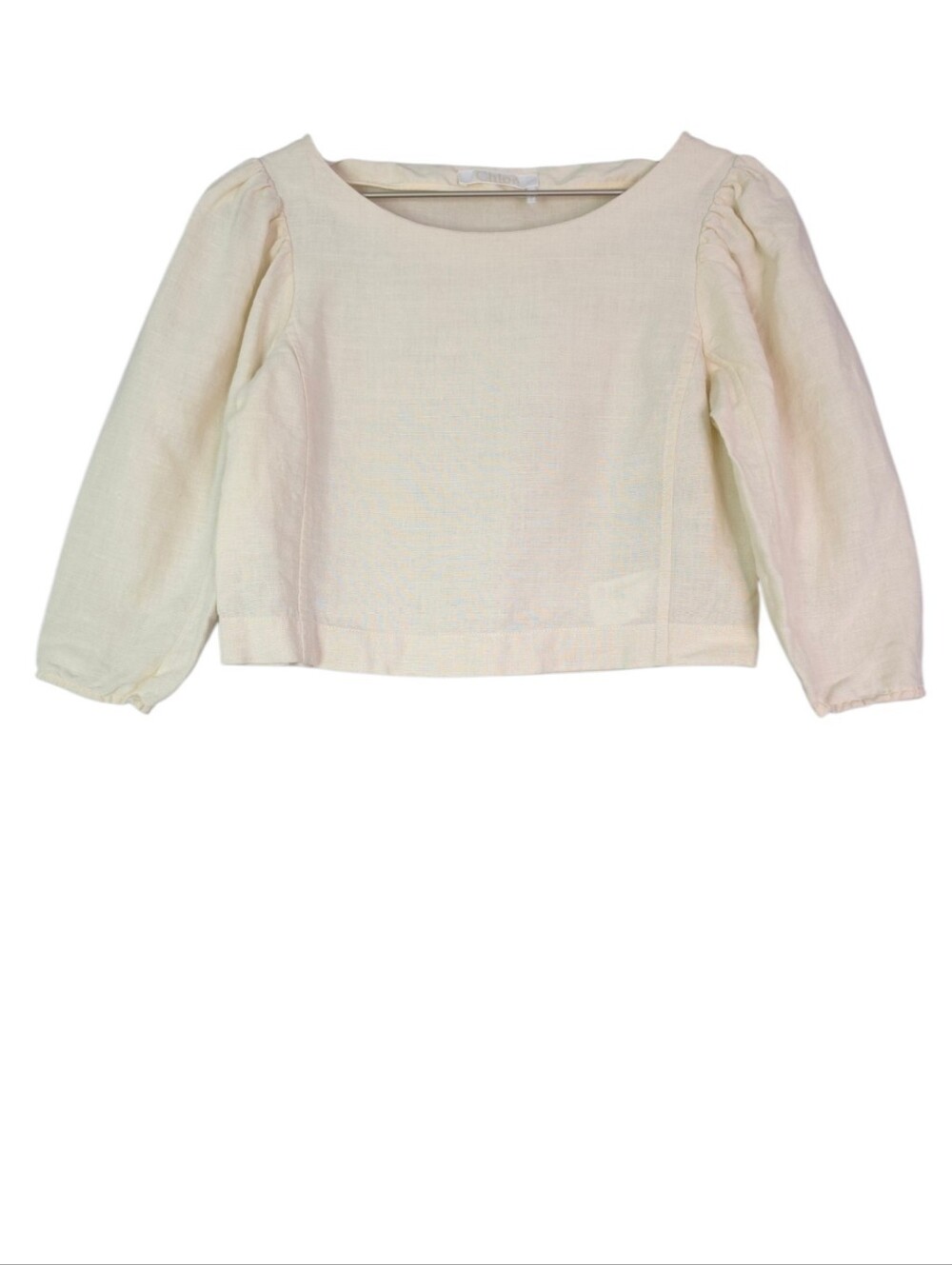 Chloe Linen Boat Neck Puff Sleeve Crop Top Sz XS Coconut Milk Cream Designer